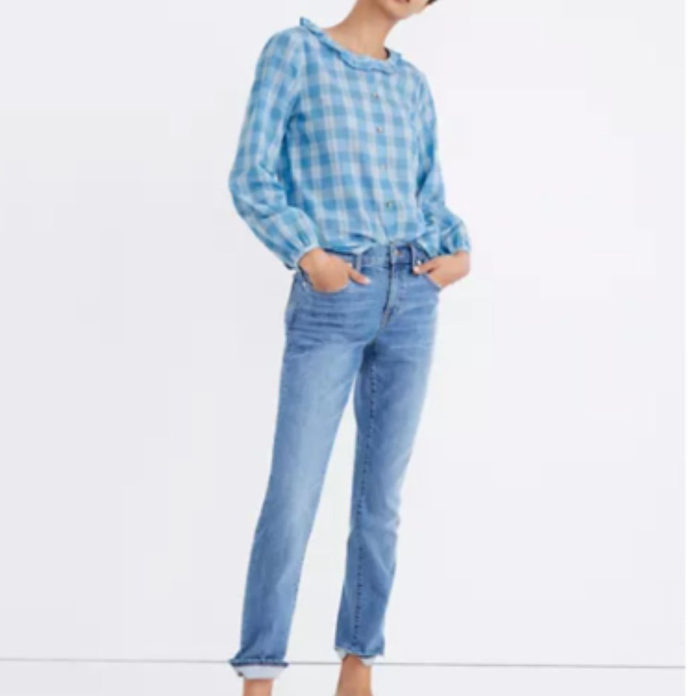 Madewell Ruffle Neck Top in Colwell Plaid Blue White 100%‎ Cotton Size XL